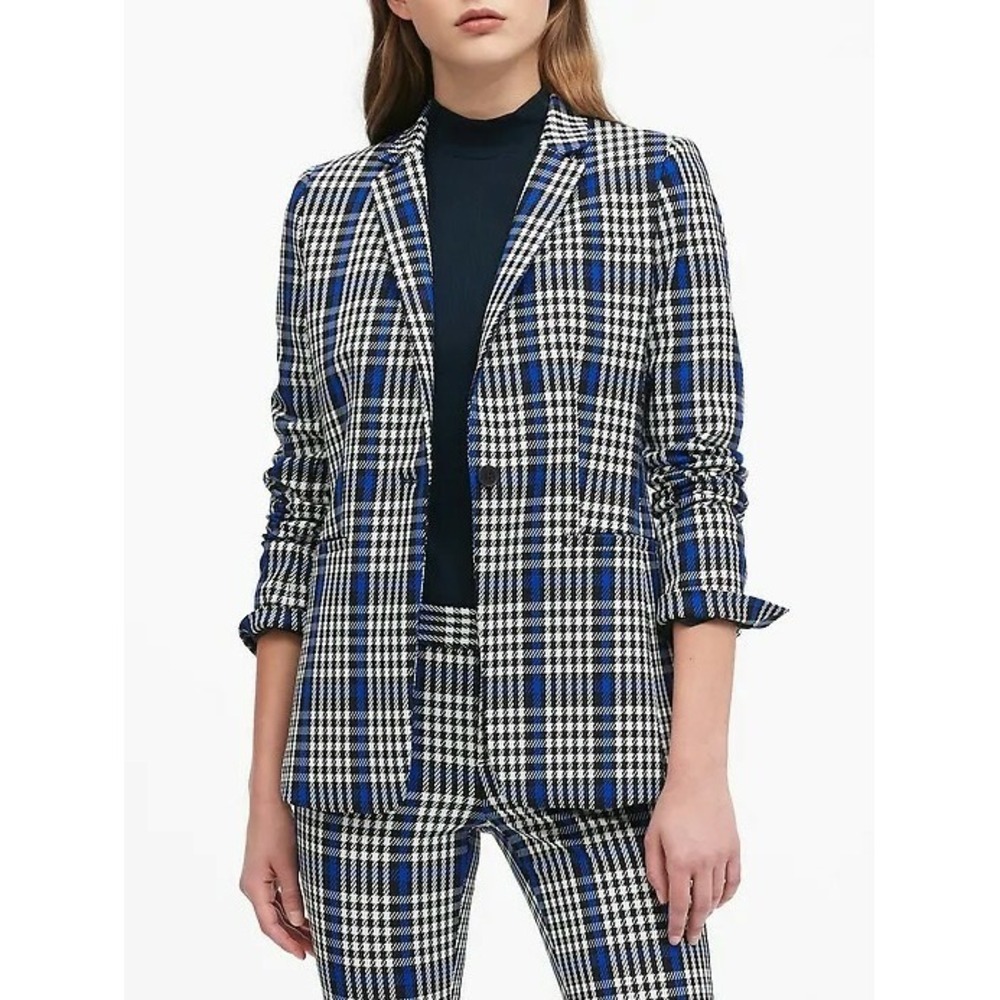 Banana Republic Pant Suit Blue Black Plaid Long Lean Blazer Sloan Pant 10
